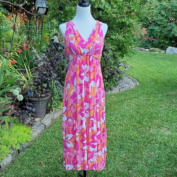 Japna Womens Pink and Orange Floral Y2K Babydoll Maxi Dress Sz M Boho Festival - Picture 1 of 7